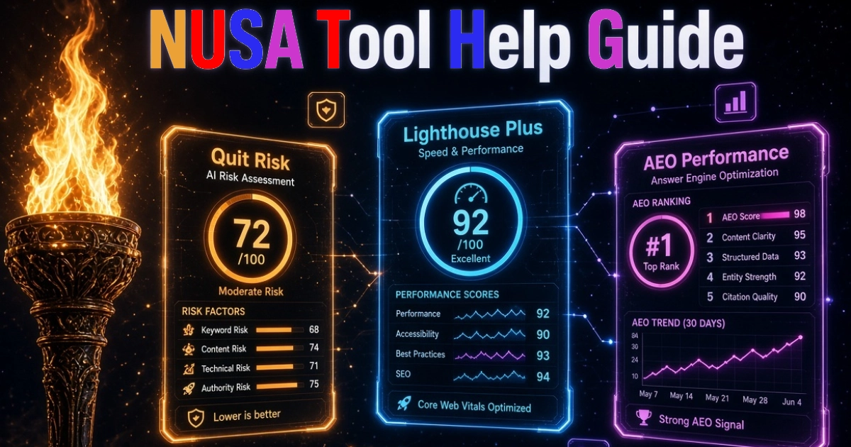 NUSA tool help guide – Quit Risk, Lighthouse Plus, and AEO Performance audits running side by side