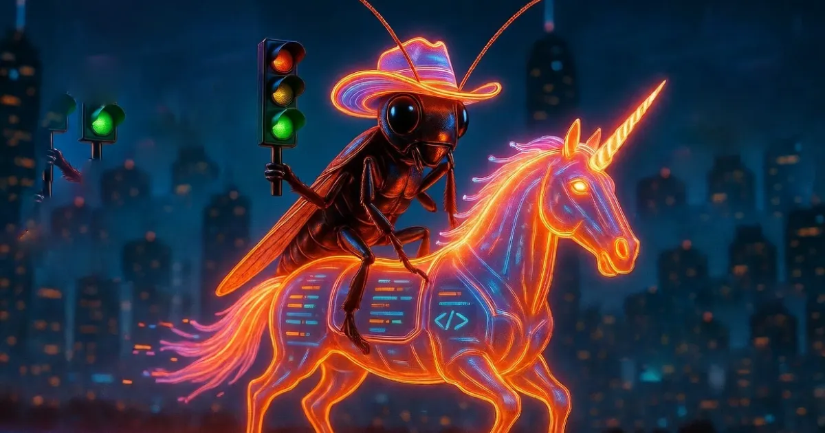 Cyberpunk cockroach sheriff riding unicorn with green traffic light - Traffic Torch Roach Startup Guide