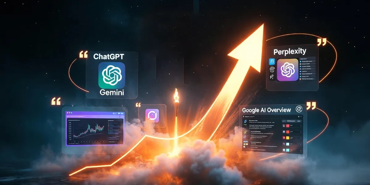 Rise of AI Search Engines & GEO 2026 – Explosive growth of generative engines, glowing AI citation panels overtaking traditional SERPs, market explosion graphs, torch illuminating new optimization frontier