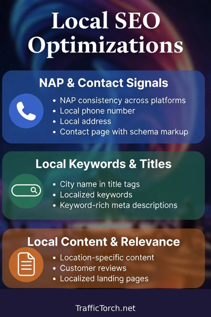 Local SEO Optimizations Infographic – NAP & Contact, Local Keywords & Titles, Local Content & Relevance