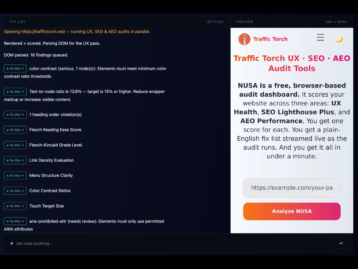 NUSA dashboard with AI-generated fix panel, affected HTML snippet and verification step